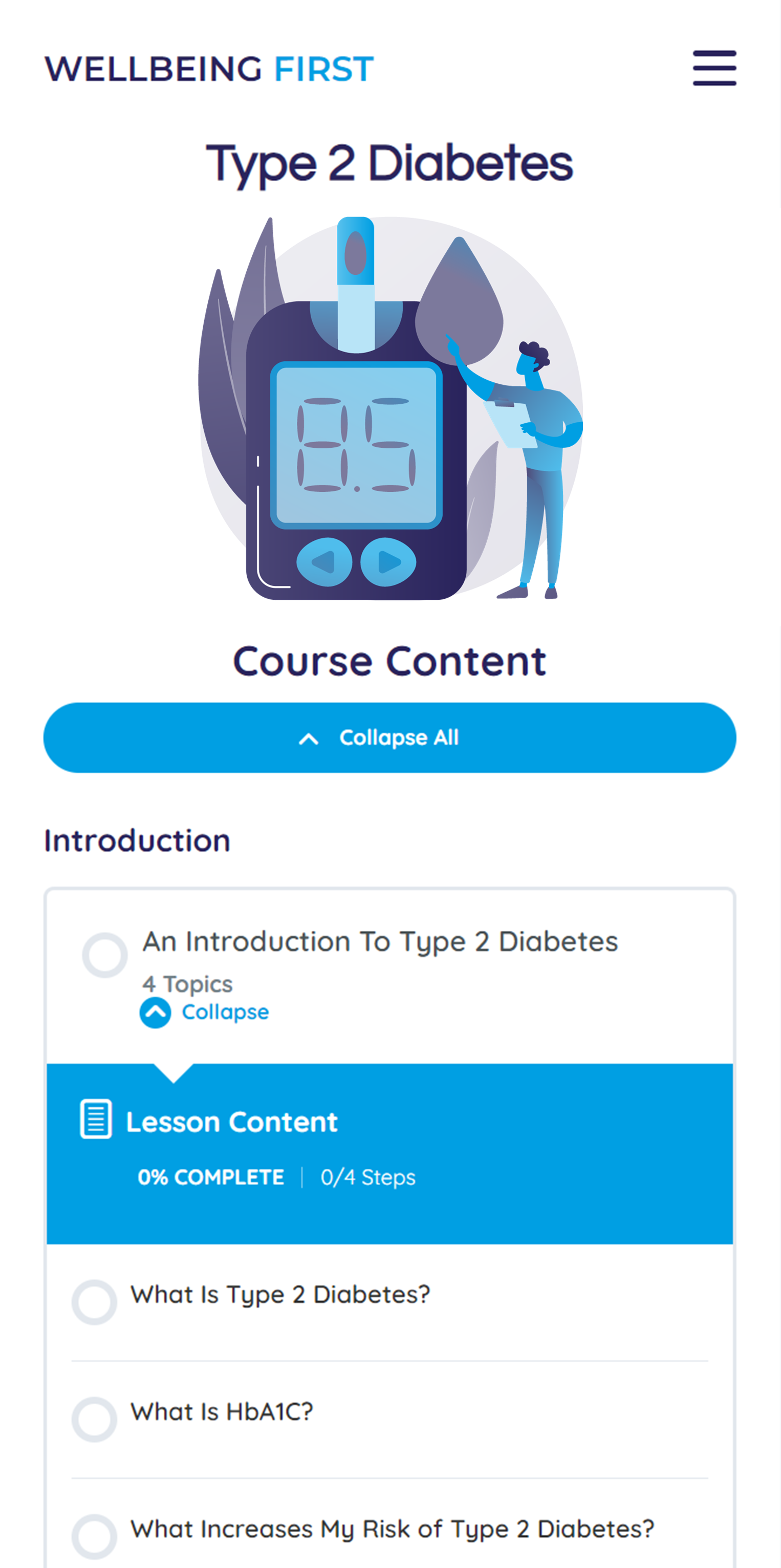 Screenshot of wellbeing first type 2 diabetes course on mobile showing course content