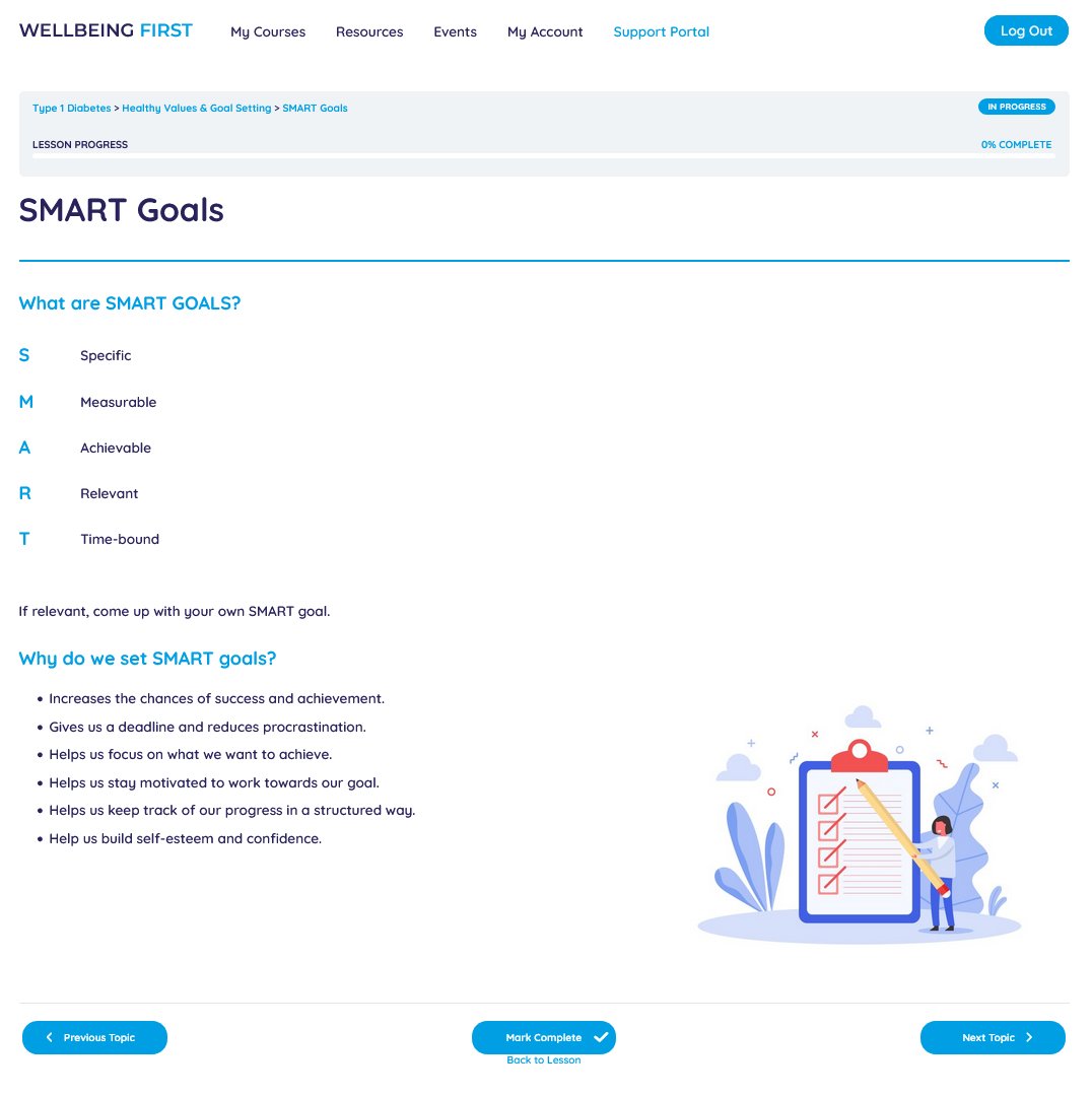 screenshot of wellbeing first goal setting page