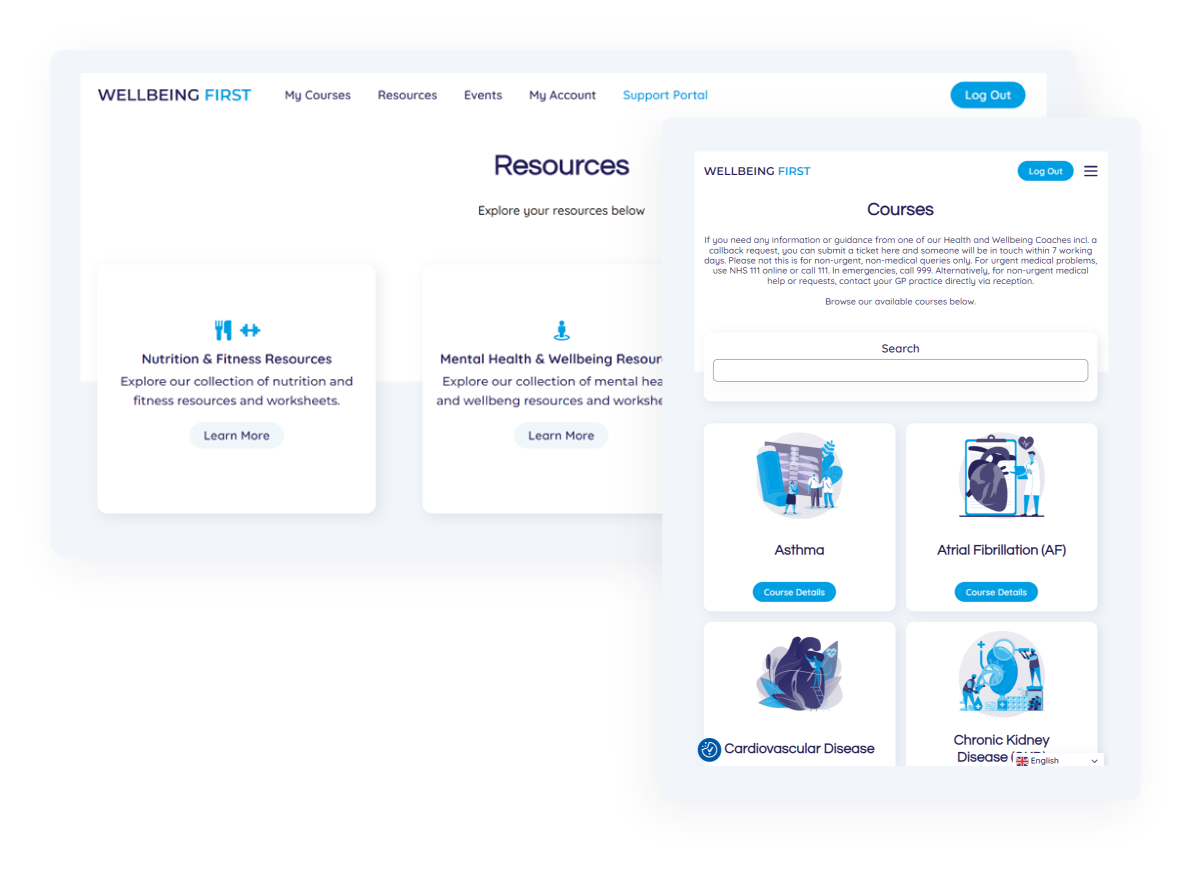 screenshot of wellbeing first course and resources pages on computer and tablet view
